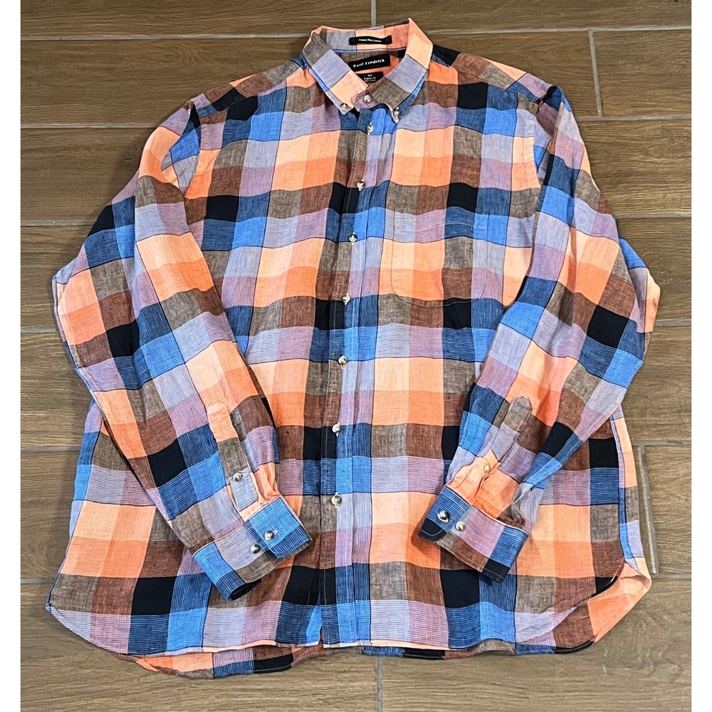 Paul Fredrick Mens XLT Pure Linen Plaid Button Down Shirt Multicolor Classic Fit